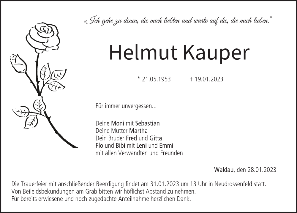  Traueranzeige für Helmut Kauper vom 28.01.2023 aus MGO