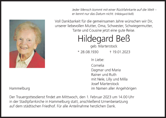 Anzeige von Hildegard Beß von MGO
