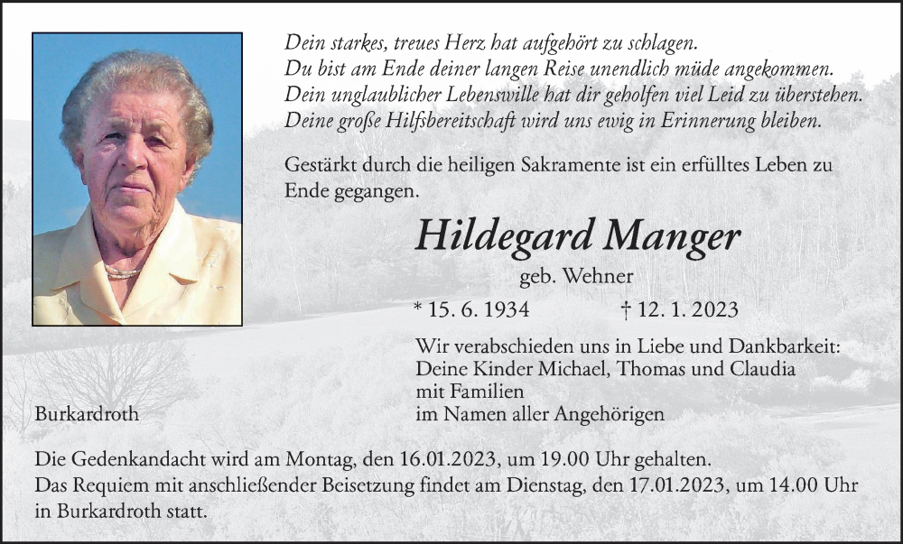 Traueranzeige für Hildegard Manger vom 14.01.2023 aus MGO