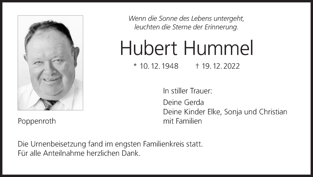  Traueranzeige für Hubert Hummel vom 05.01.2023 aus MGO