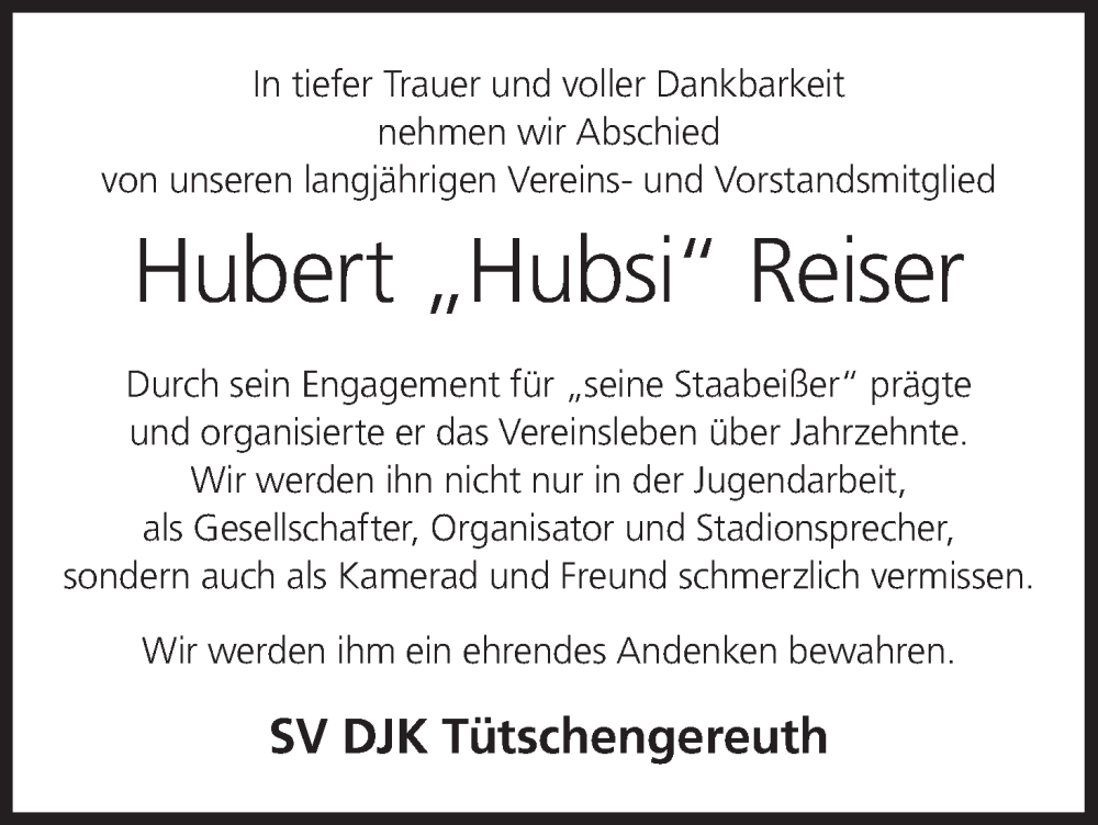  Traueranzeige für Hubert Reiser vom 21.01.2023 aus MGO