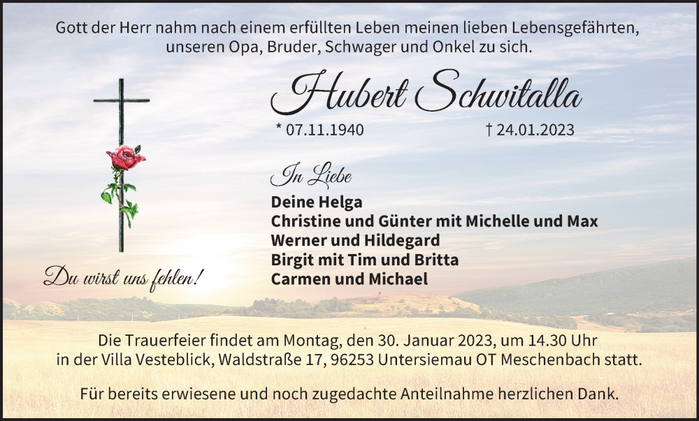  Traueranzeige für Hubert Schwitalla vom 28.01.2023 aus MGO