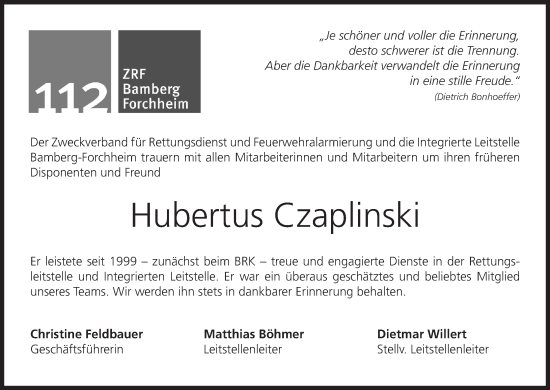 Anzeige von Hubertus Czaplinski von MGO