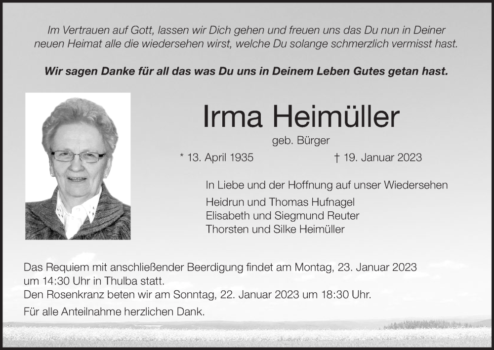  Traueranzeige für Irma Heimüller vom 21.01.2023 aus MGO