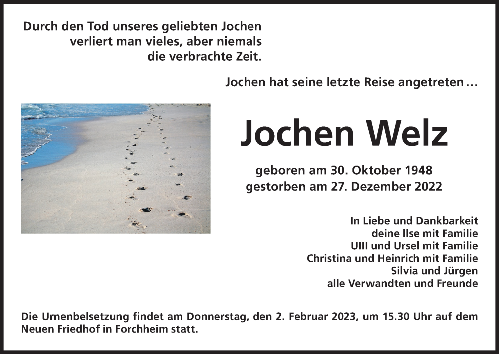  Traueranzeige für Jochen Welz vom 28.01.2023 aus MGO