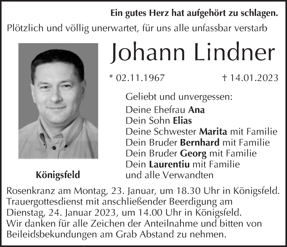  Traueranzeige für Johann Lindner vom 21.01.2023 aus MGO