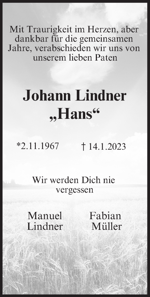  Traueranzeige für Johann Lindner vom 21.01.2023 aus MGO