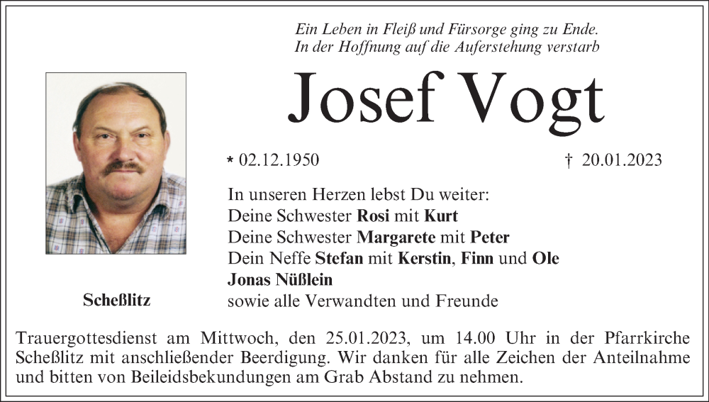  Traueranzeige für Josef Vogt vom 24.01.2023 aus MGO