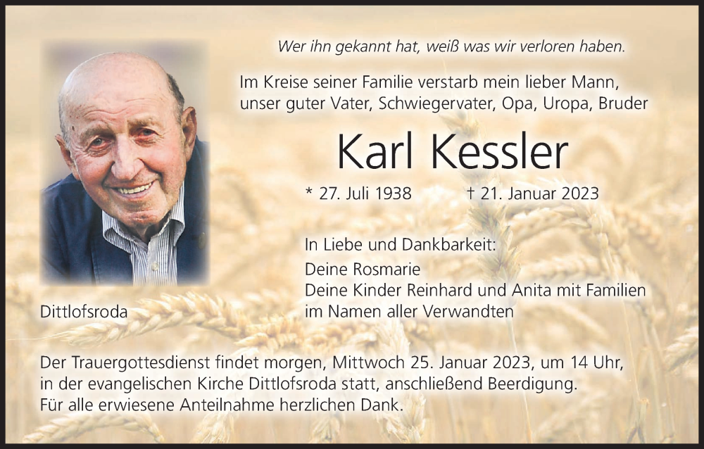  Traueranzeige für Karl Kessler vom 24.01.2023 aus MGO