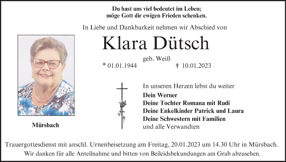  Traueranzeige für Klara Dütsch vom 14.01.2023 aus MGO