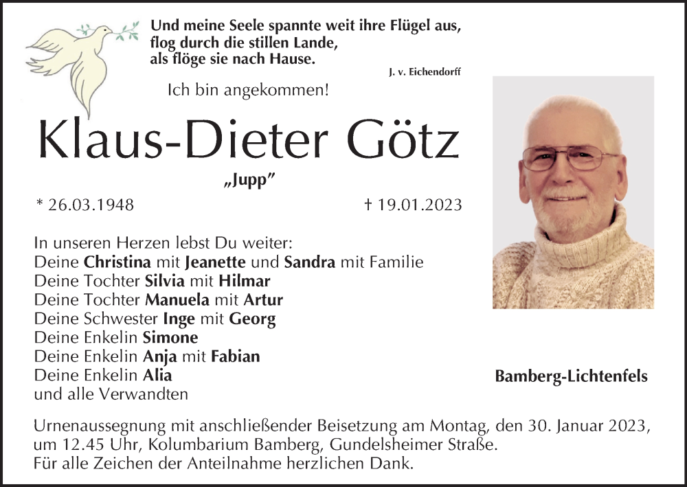  Traueranzeige für Klaus-Dieter Götz vom 21.01.2023 aus MGO