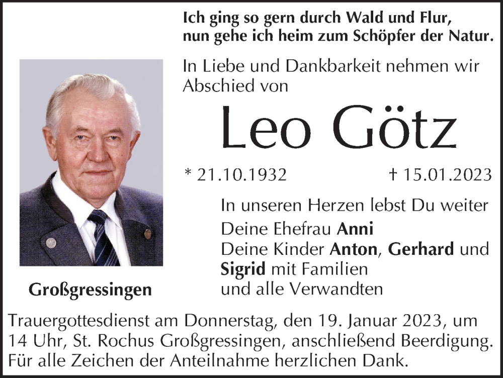  Traueranzeige für Leo Götz vom 17.01.2023 aus MGO