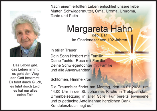 Anzeige von Margareta Hahn von MGO