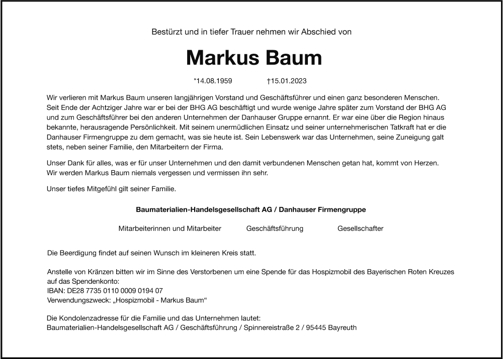  Traueranzeige für Markus Baum vom 21.01.2023 aus MGO
