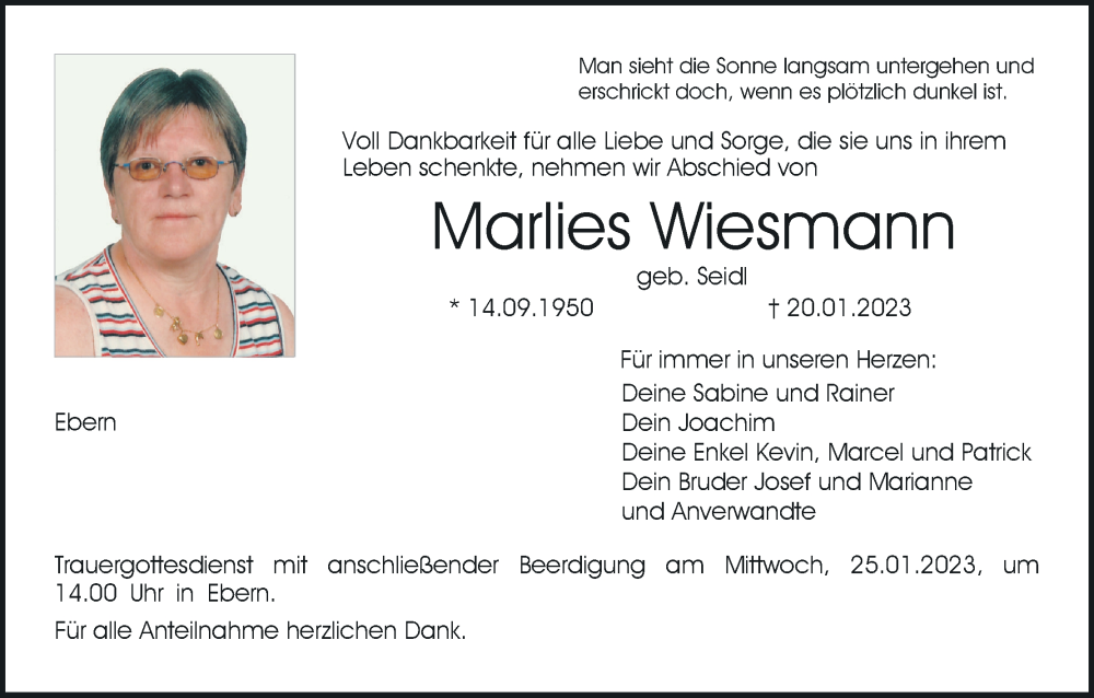  Traueranzeige für Marlies Wiesmann vom 24.01.2023 aus MGO