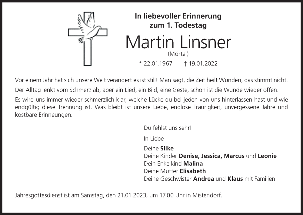  Traueranzeige für Martin  Linsner vom 21.01.2023 aus MGO