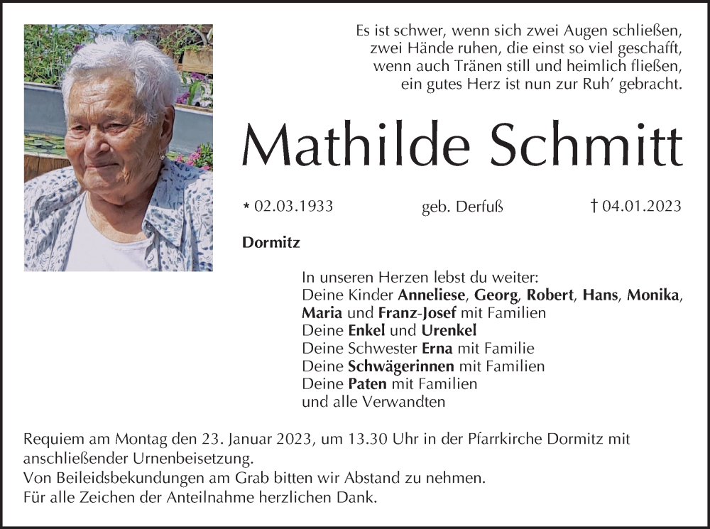  Traueranzeige für Mathilde Schmitt vom 21.01.2023 aus MGO