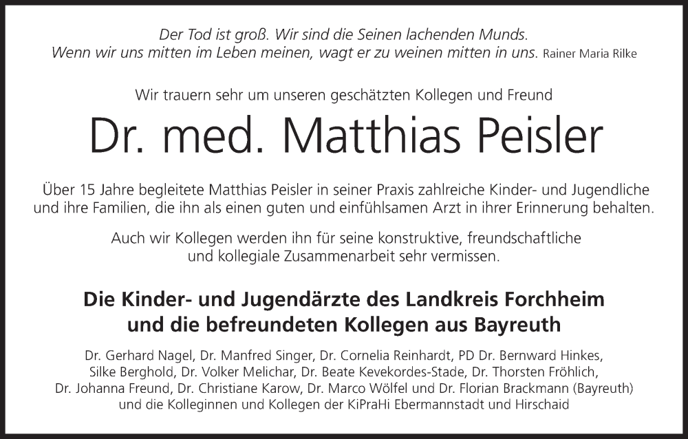 Traueranzeige für Matthias Peisler vom 28.01.2023 aus MGO