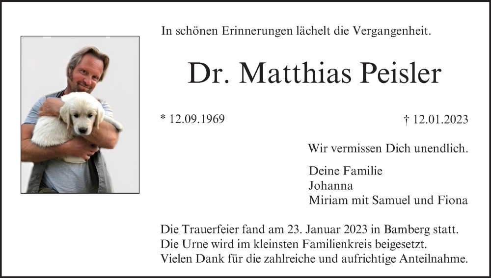  Traueranzeige für Matthias Peisler vom 28.01.2023 aus MGO
