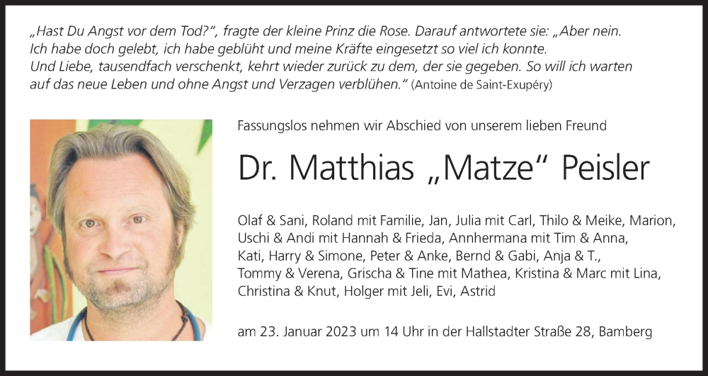  Traueranzeige für Matthias Peisler vom 21.01.2023 aus MGO