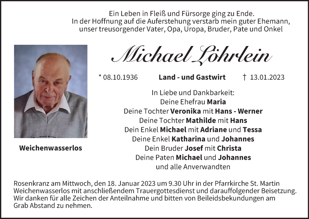  Traueranzeige für Michael Löhrlein vom 17.01.2023 aus MGO