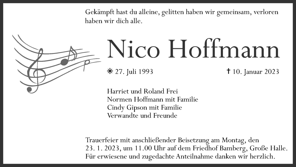  Traueranzeige für Nico Hoffmann vom 14.01.2023 aus MGO