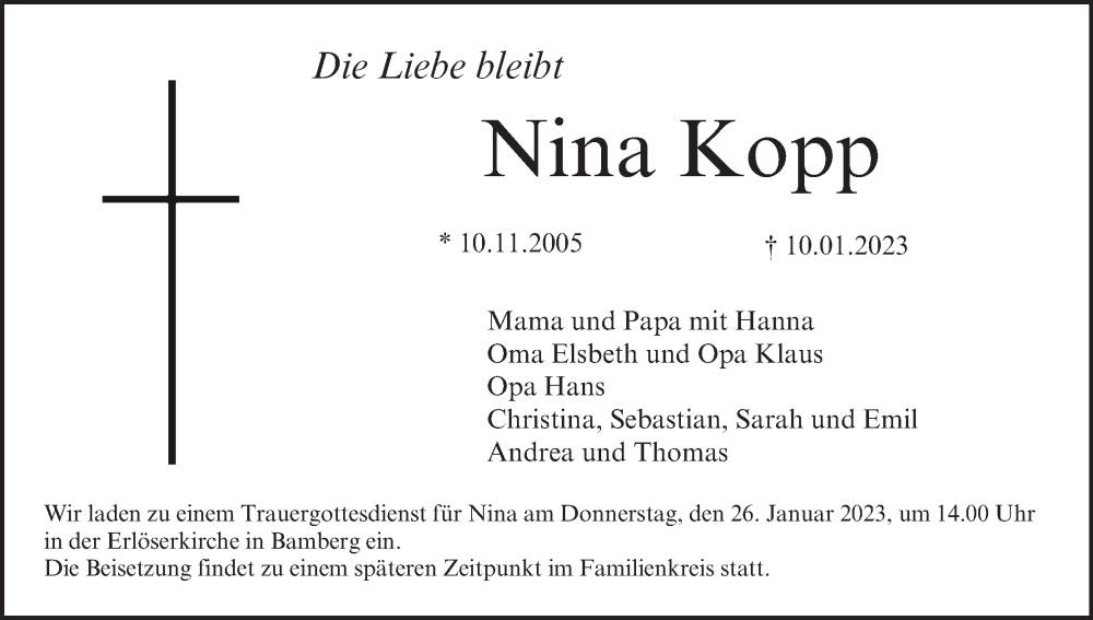  Traueranzeige für Nina Kopp vom 21.01.2023 aus MGO