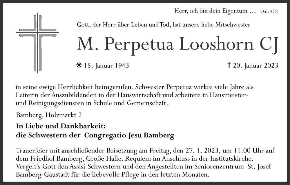  Traueranzeige für Perpetua Looshorn vom 24.01.2023 aus MGO