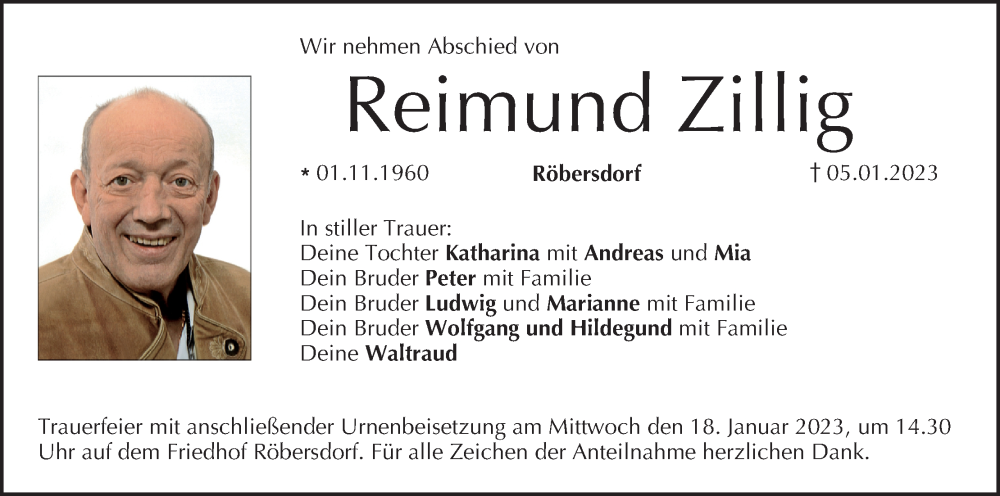  Traueranzeige für Reimund Zillig vom 14.01.2023 aus MGO
