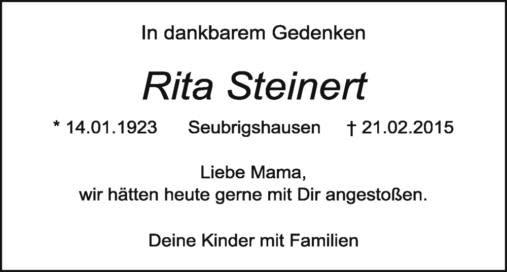  Traueranzeige für Rita Steinert vom 14.01.2023 aus MGO