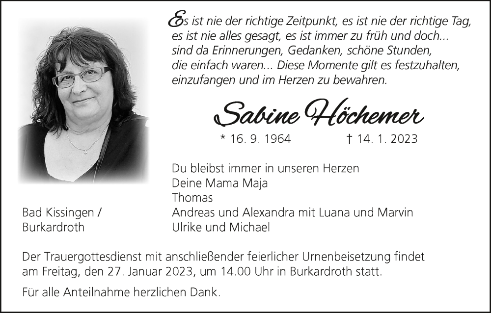  Traueranzeige für Sabine Höchemer vom 21.01.2023 aus MGO