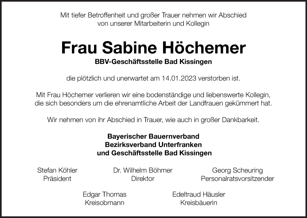  Traueranzeige für Sabine Höchemer vom 25.01.2023 aus MGO