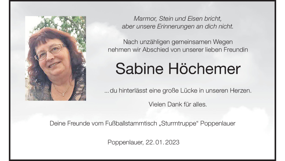  Traueranzeige für Sabine Höchemer vom 26.01.2023 aus MGO