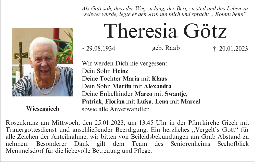  Traueranzeige für Theresia Götz vom 24.01.2023 aus MGO