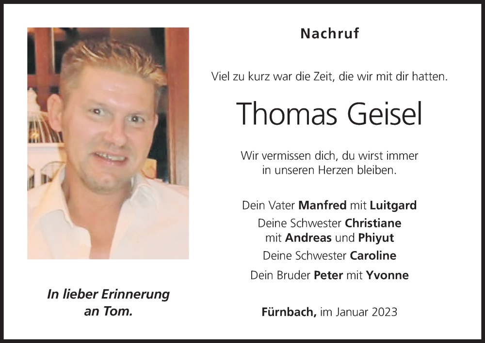  Traueranzeige für Thomas Geisel vom 07.01.2023 aus MGO