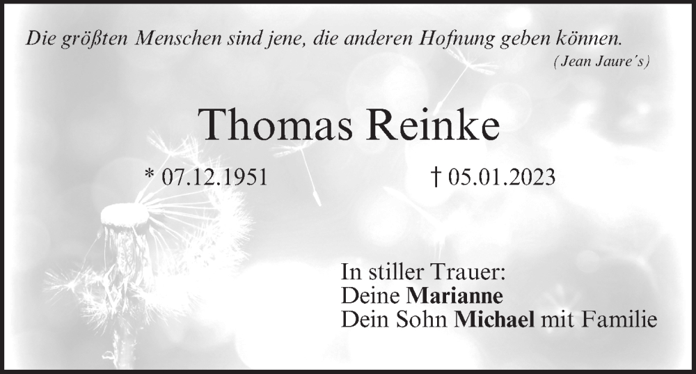  Traueranzeige für Thomas Reinke vom 21.01.2023 aus MGO