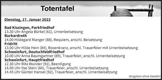 Anzeige von Totentafel vom 17.01.2023 von MGO