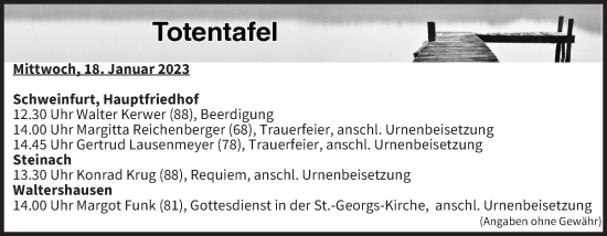 Anzeige von Totentafel vom 18.01.2023 von MGO