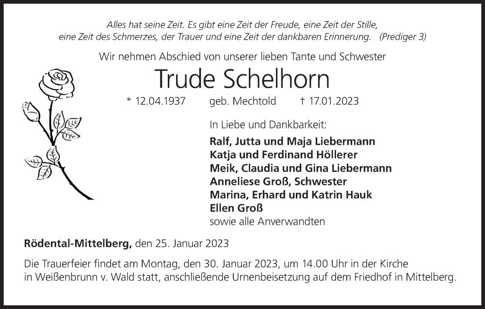  Traueranzeige für Trude Schelhorn vom 25.01.2023 aus MGO