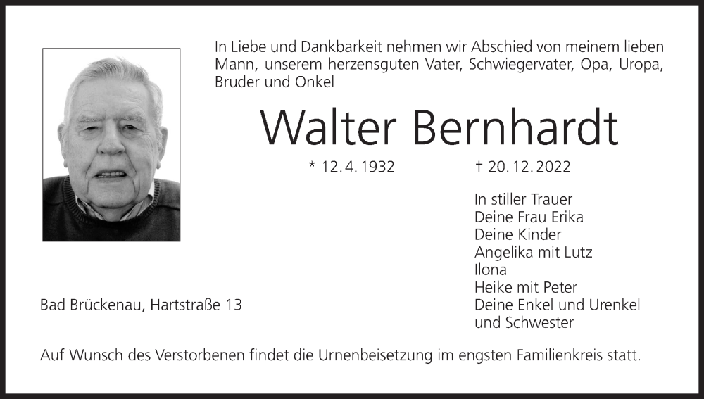 Walter Bernhardt | Traueranzeige | trauer.inFranken.de