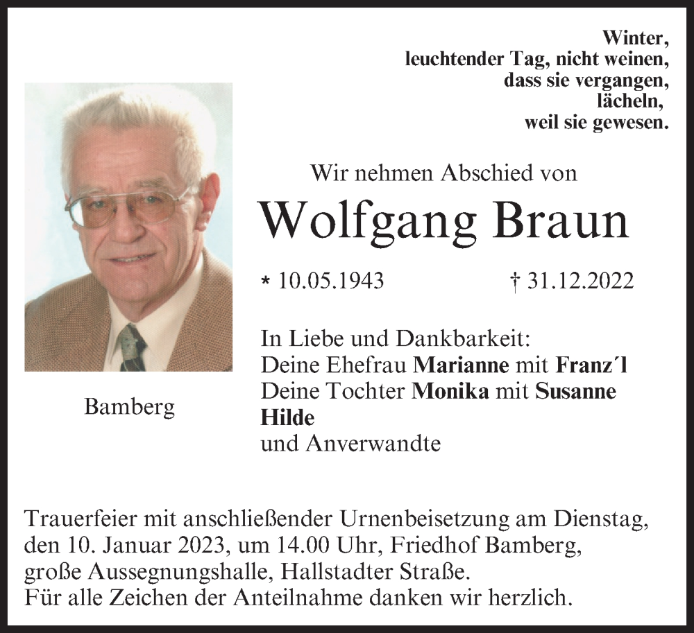  Traueranzeige für Wolfgang Braun vom 07.01.2023 aus MGO
