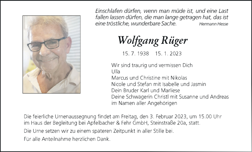  Traueranzeige für Wolfgang Rüger vom 28.01.2023 aus MGO