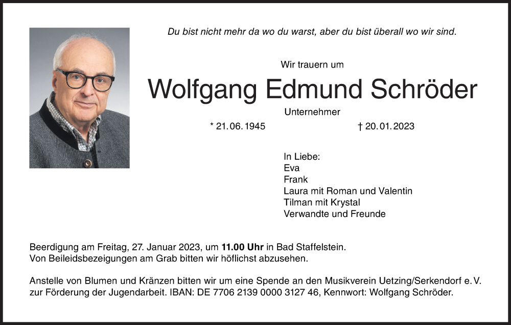  Traueranzeige für Wolfgang Edmund Schröder vom 24.01.2023 aus MGO
