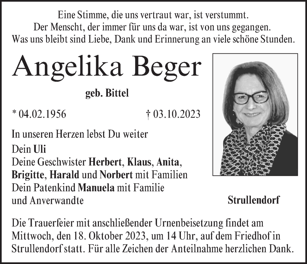  Traueranzeige für Angelika Beger vom 07.10.2023 aus MGO