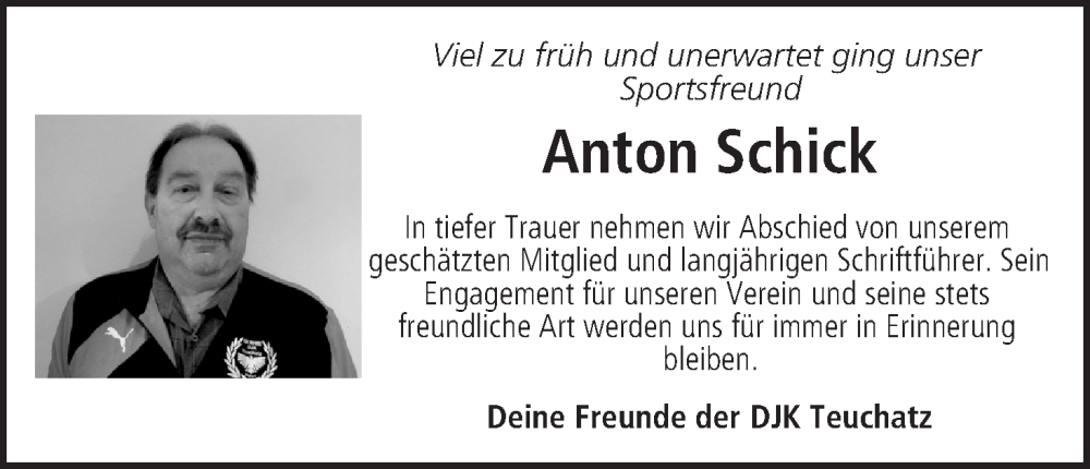  Traueranzeige für Anton Schick vom 07.10.2023 aus MGO