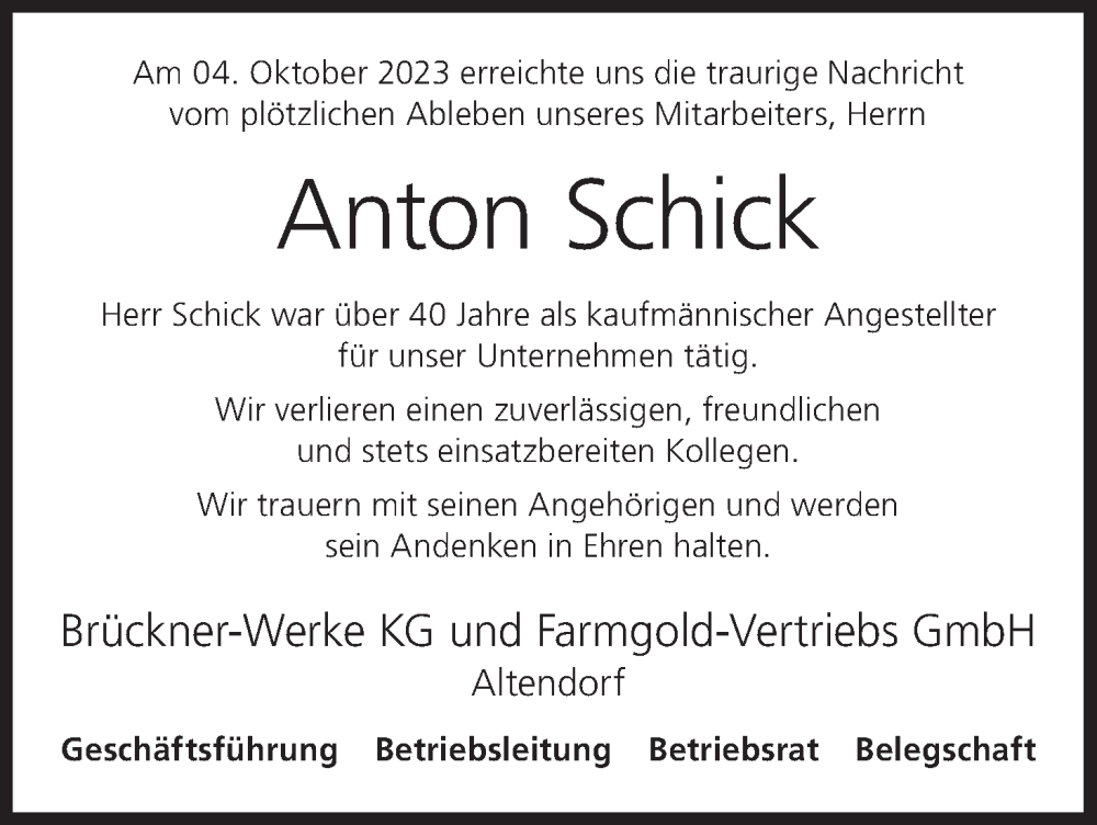  Traueranzeige für Anton Schick vom 07.10.2023 aus MGO