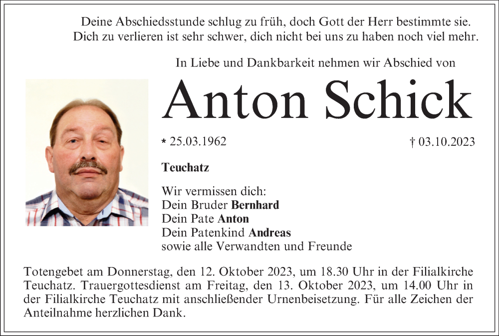  Traueranzeige für Anton Schick vom 07.10.2023 aus MGO