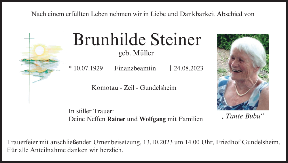  Traueranzeige für Brunhilde Steiner vom 07.10.2023 aus MGO