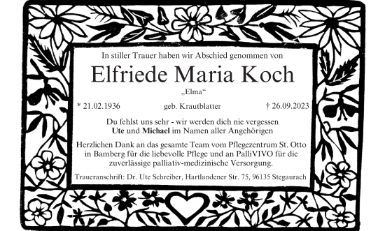 Anzeige von Elfriede Maria Koch von MGO