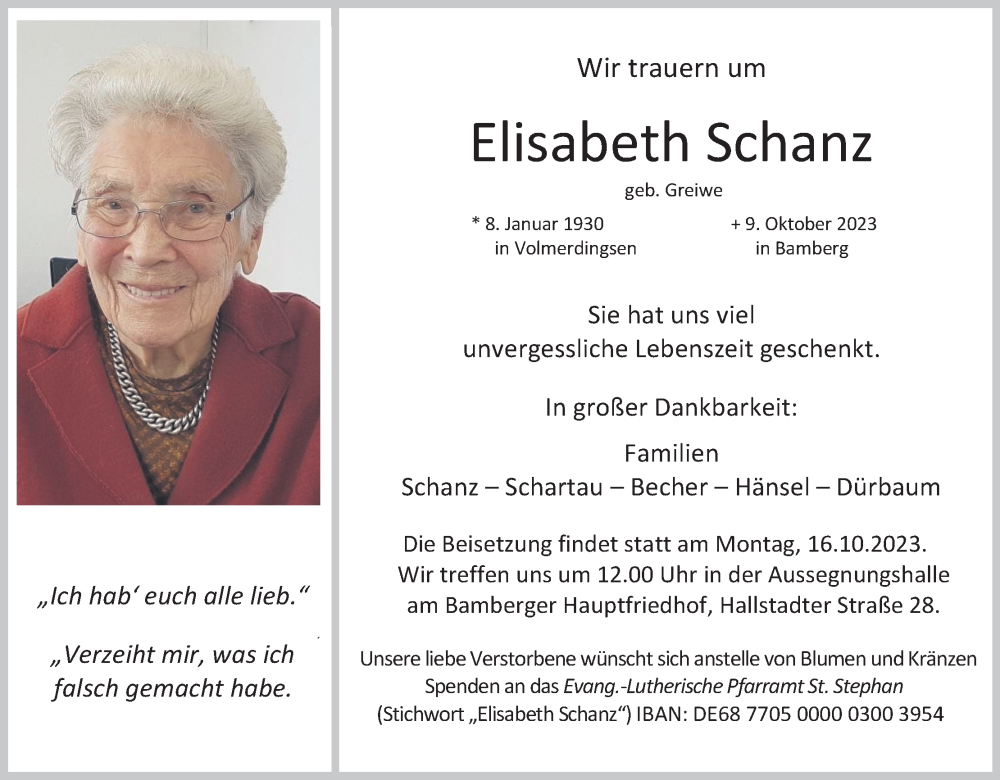  Traueranzeige für Elisabeth Schanz vom 14.10.2023 aus MGO
